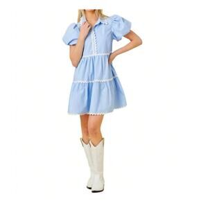 Mainstrip Puffed Sleeve Ric Rac Trimmed Solid Mini Dress‎ Blue Size Large